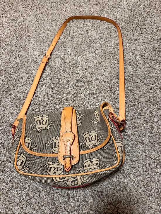 Dooney & Bourke Handbags - Dooney & Bourke Brown Monogram Canvas Crossbody with Tan Trim